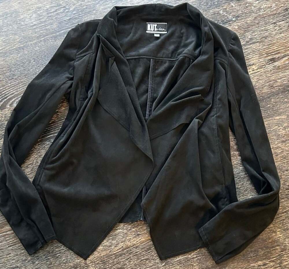 KUT from the Kloth Tayanita Jacket Black Faux Suede Waterfall Draped, XS